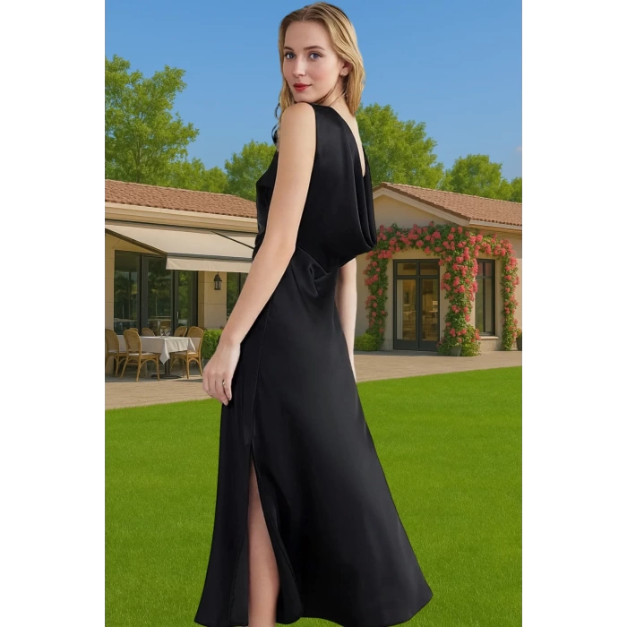 Maxi A Line Bisiklet Yaka Saten Abiye Elbise Polyester Karışımlı Dayanıklı Malzeme Dayanıklı Malzeme