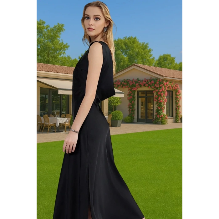 Maxi A Line Bisiklet Yaka Saten Abiye Elbise Polyester Karışımlı Dayanıklı Malzeme Dayanıklı Malzeme