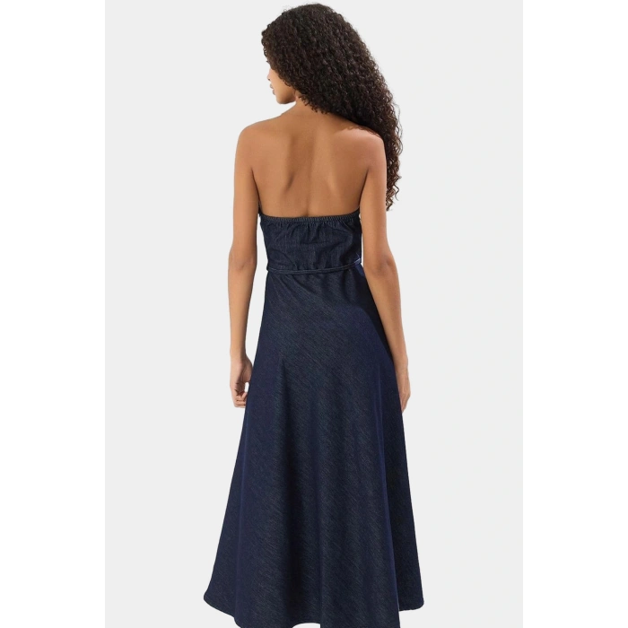 Maxi Denim Elbise Halter Yaka Volanlı Detaylı Rahat Yazlık Premium Kalite Kaliteli İşçilik
