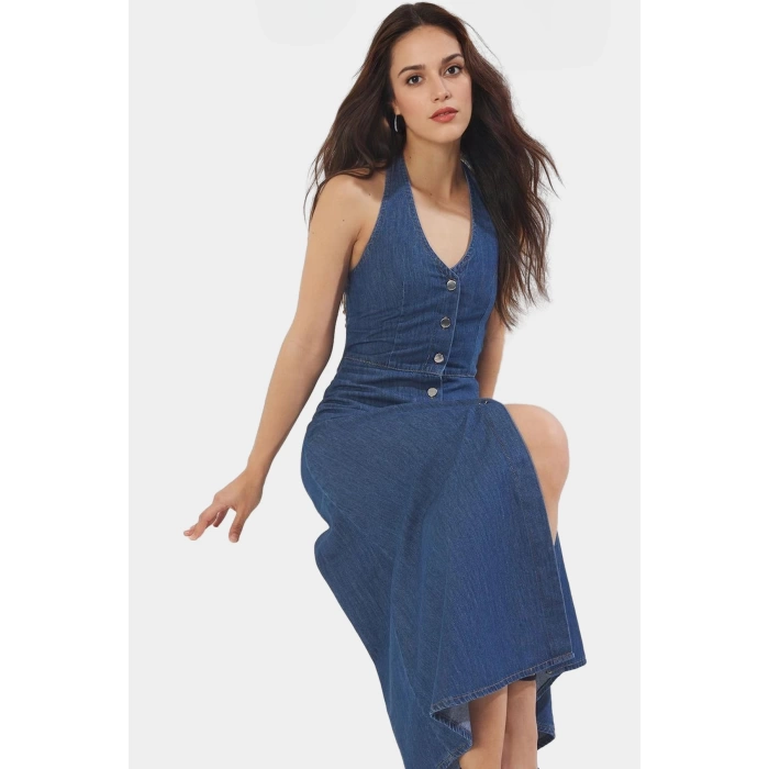 Maxi Denim Elbise Halter Yaka Volanlı Pamuk Günlük Şık Rahat Kullanım Profesyonel Görünüm