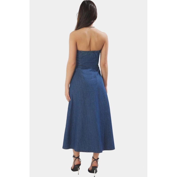 Maxi Denim Elbise Halter Yaka Volanlı Pamuk Günlük Şık Rahat Kullanım Profesyonel Görünüm