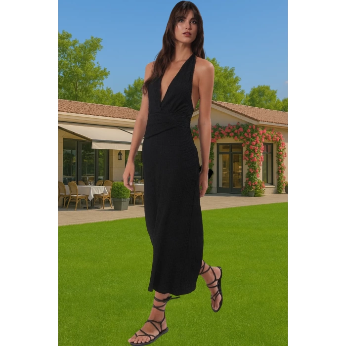 Maxi Dokulu Kemer Detaylı Plaj Elbise V Yaka Bodycon Konforlu Kesim Mükemmel Uyum Trend Tasarım
