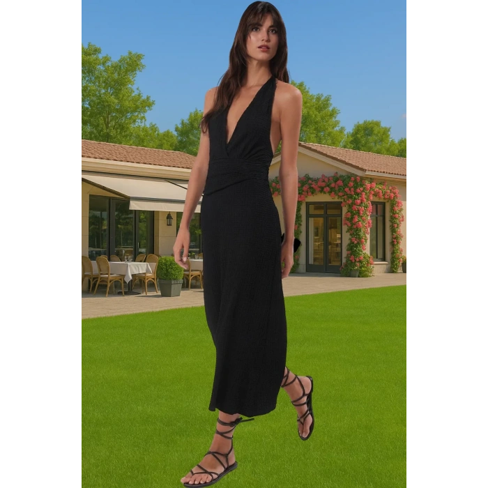 Maxi Dokulu Kemer Detaylı Plaj Elbise V Yaka Bodycon Konforlu Kesim Mükemmel Uyum Trend Tasarım