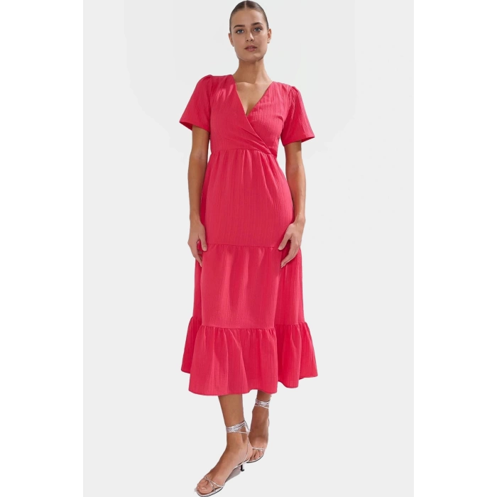 Maxi Dokuma Elbise V Yaka Skater Kalıp Günlük Yazlık Kıyafet Kaliteli İşçilik Modern Stil