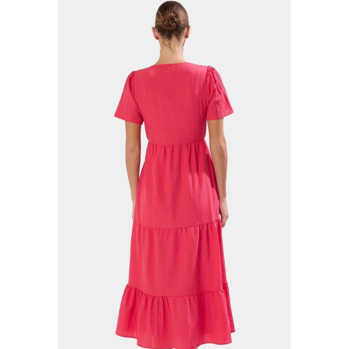 Maxi Dokuma Elbise V Yaka Skater Kalıp Günlük Yazlık Kıyafet Kaliteli İşçilik Modern Stil