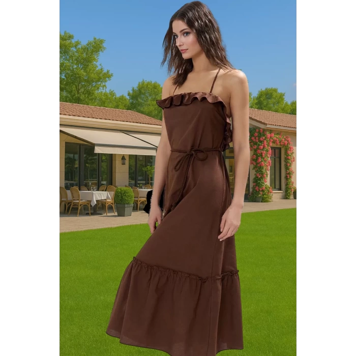 Maxi Dokuma Pamuklu A line Plaj Elbisesi Volanlı Detay Yazlık Mükemmel Uyum Modern Stil