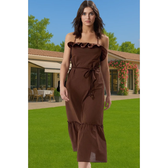 Maxi Dokuma Pamuklu A line Plaj Elbisesi Volanlı Detay Yazlık Mükemmel Uyum Modern Stil