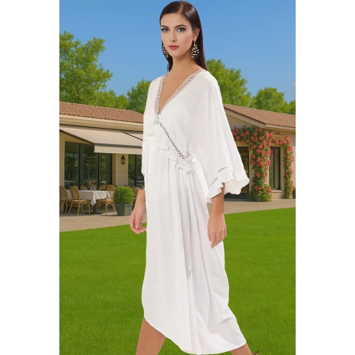 Maxi Dokuma Volanlı Plaj Elbisesi Viskoz Polyester Yaz Yüksek Kalite Konforlu Kesim Modern Stil