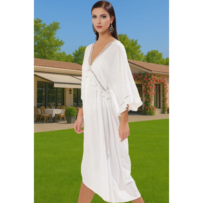 Maxi Dokuma Volanlı Plaj Elbisesi Viskoz Polyester Yaz Yüksek Kalite Konforlu Kesim Modern Stil