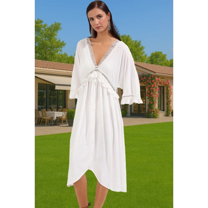 Maxi Dokuma Volanlı Plaj Elbisesi Viskoz Polyester Yaz Yüksek Kalite Konforlu Kesim Modern Stil