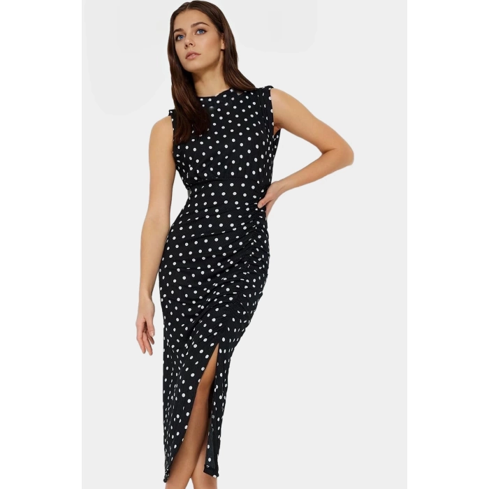 Maxi Elbise Puantiyeli Desenli Esnek Örme Bodycon Kalıp Günlük Stil Konforlu Kesim