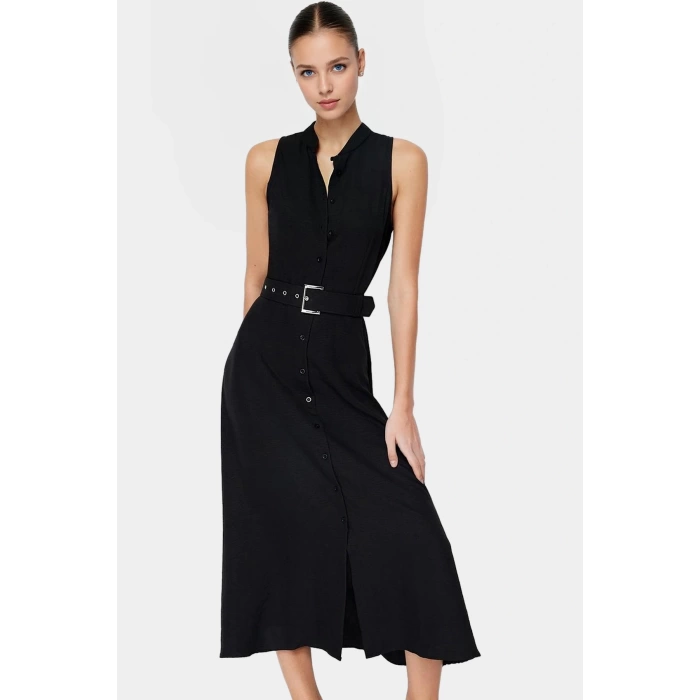 Maxi Kemerli Gömlek Elbise Dokuma Polyester Yazlık Şık Tasarım Seçkin Malzeme Trend