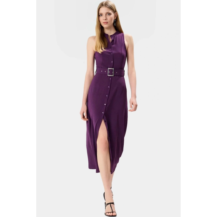 Maxi Kemerli Gömlek Elbise Dokuma Polyester Yazlık Şık Tasarım Seçkin Malzeme Trend