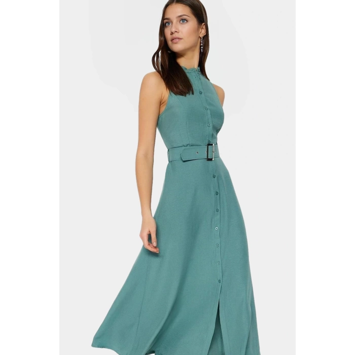 Maxi Kemerli Gömlek Elbise Dokuma Polyester Yazlık Şık Tasarım Seçkin Malzeme Trend