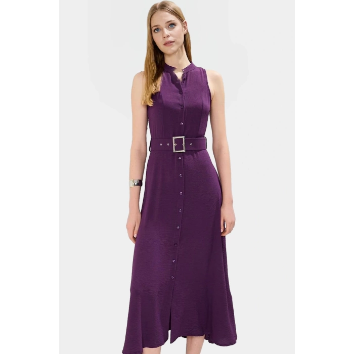 Maxi Kemerli Gömlek Elbise Dokuma Polyester Yazlık Şık Tasarım Seçkin Malzeme Trend