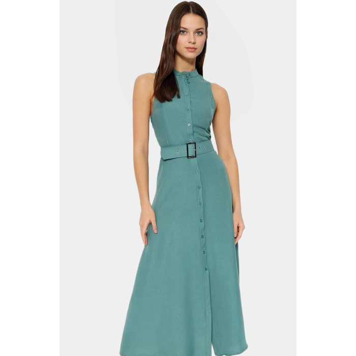Maxi Kemerli Gömlek Elbise Dokuma Polyester Yazlık Şık Tasarım Seçkin Malzeme Trend