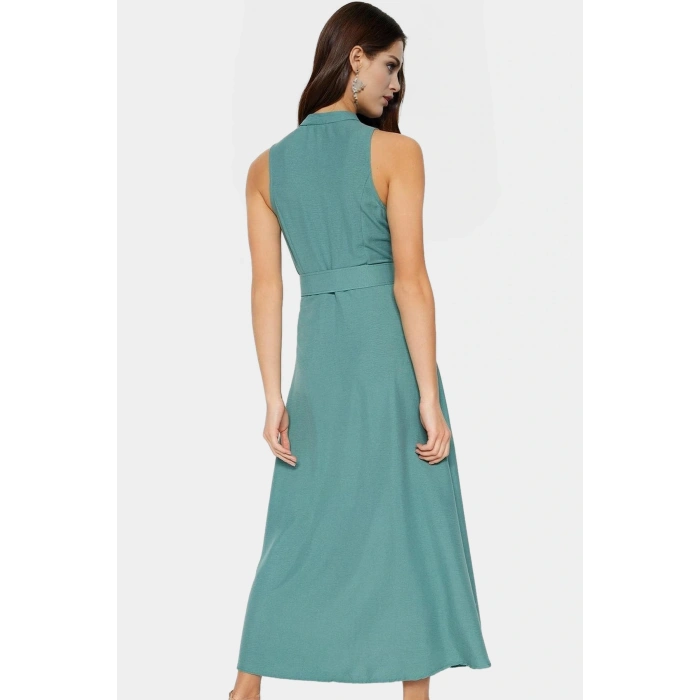Maxi Kemerli Gömlek Elbise Dokuma Polyester Yazlık Şık Tasarım Seçkin Malzeme Trend