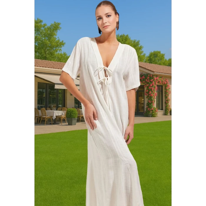 Maxi Keten Görünümlü Bağlamalı Plaj Elbisesi Yazlık Rahat Tesettür Modern Stil Rahat Ve Şık