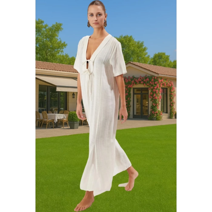 Maxi Keten Görünümlü Bağlamalı Plaj Elbisesi Yazlık Rahat Tesettür Modern Stil Rahat Ve Şık