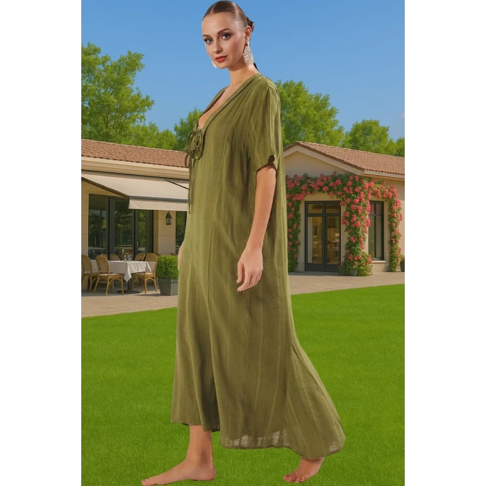 Maxi Keten Görünümlü Bağlamalı Plaj Elbisesi Yazlık Rahat Tesettür Modern Stil Rahat Ve Şık