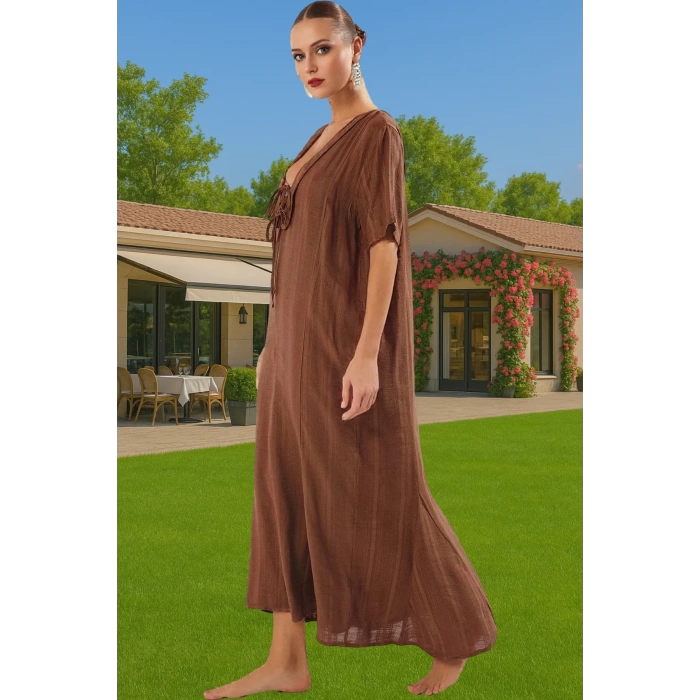 Maxi Keten Görünümlü Bağlamalı Plaj Elbisesi Yazlık Rahat Tesettür Modern Stil Rahat Ve Şık