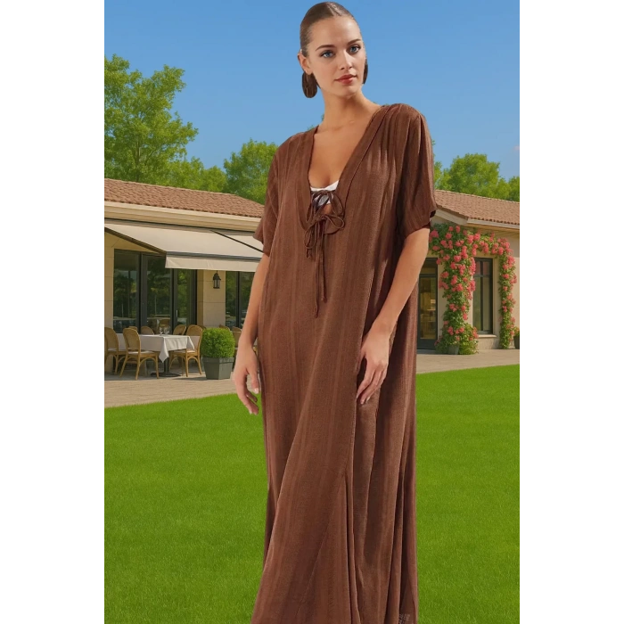Maxi Keten Görünümlü Bağlamalı Plaj Elbisesi Yazlık Rahat Tesettür Modern Stil Rahat Ve Şık