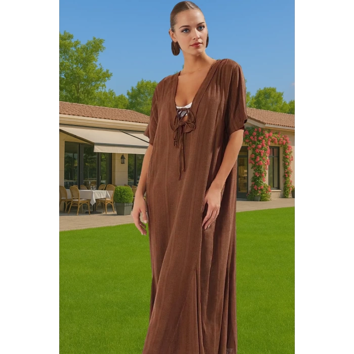 Maxi Keten Görünümlü Bağlamalı Plaj Elbisesi Yazlık Rahat Tesettür Modern Stil Rahat Ve Şık