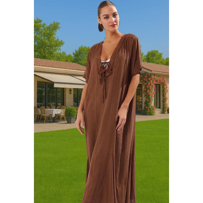 Maxi Keten Görünümlü Bağlamalı Plaj Elbisesi Yazlık Rahat Tesettür Modern Stil Rahat Ve Şık