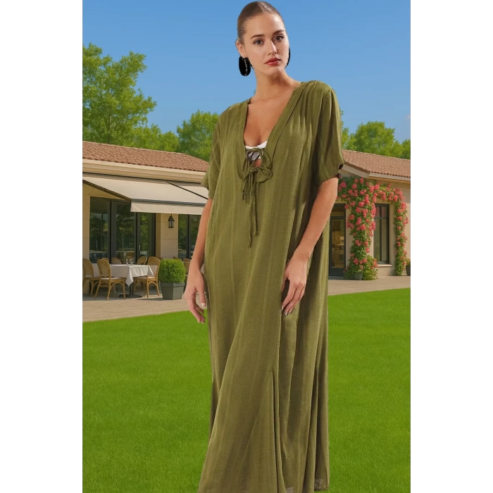 Maxi Keten Görünümlü Bağlamalı Plaj Elbisesi Yazlık Rahat Tesettür Modern Stil Rahat Ve Şık