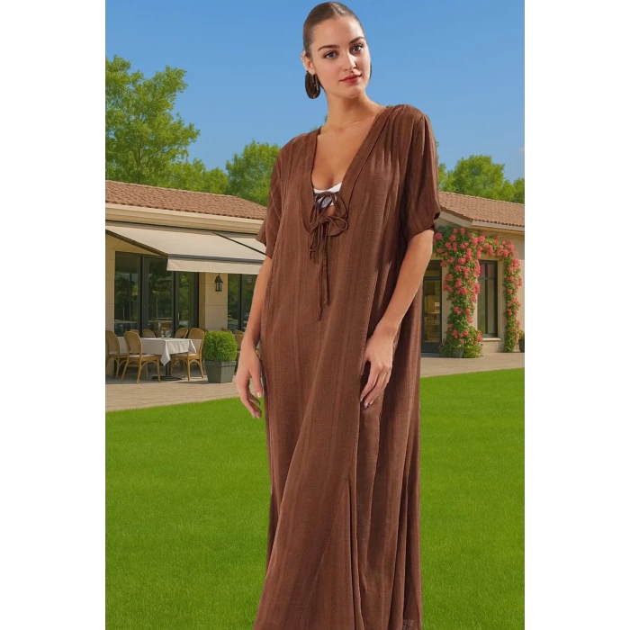 Maxi Keten Görünümlü Bağlamalı Plaj Elbisesi Yazlık Rahat Tesettür Modern Stil Rahat Ve Şık