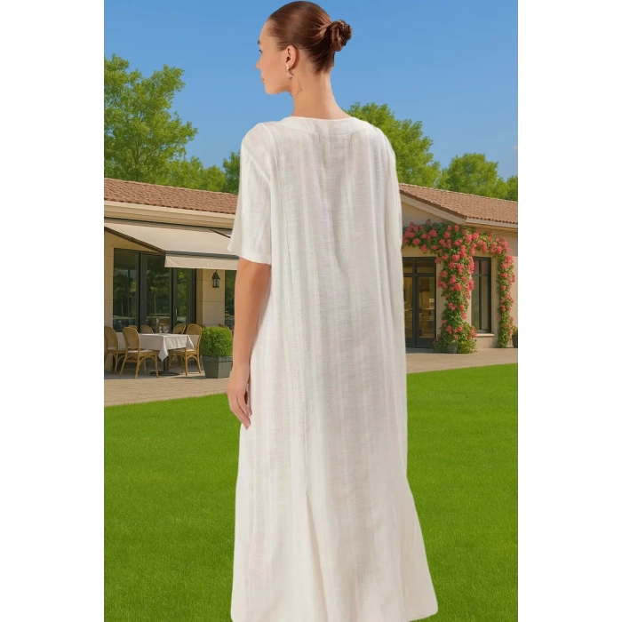 Maxi Keten Görünümlü Bağlamalı Plaj Elbisesi Yazlık Rahat Tesettür Modern Stil Rahat Ve Şık