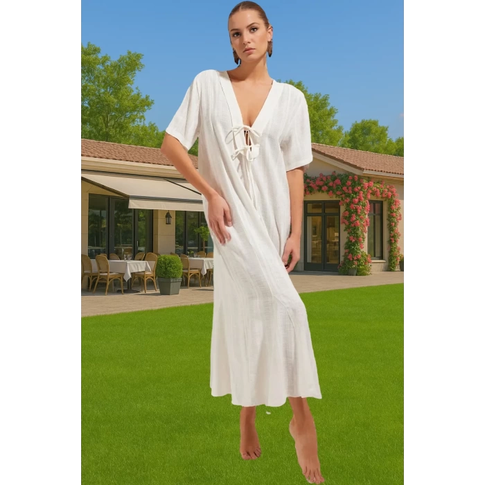 Maxi Keten Görünümlü Bağlamalı Plaj Elbisesi Yazlık Rahat Tesettür Modern Stil Rahat Ve Şık