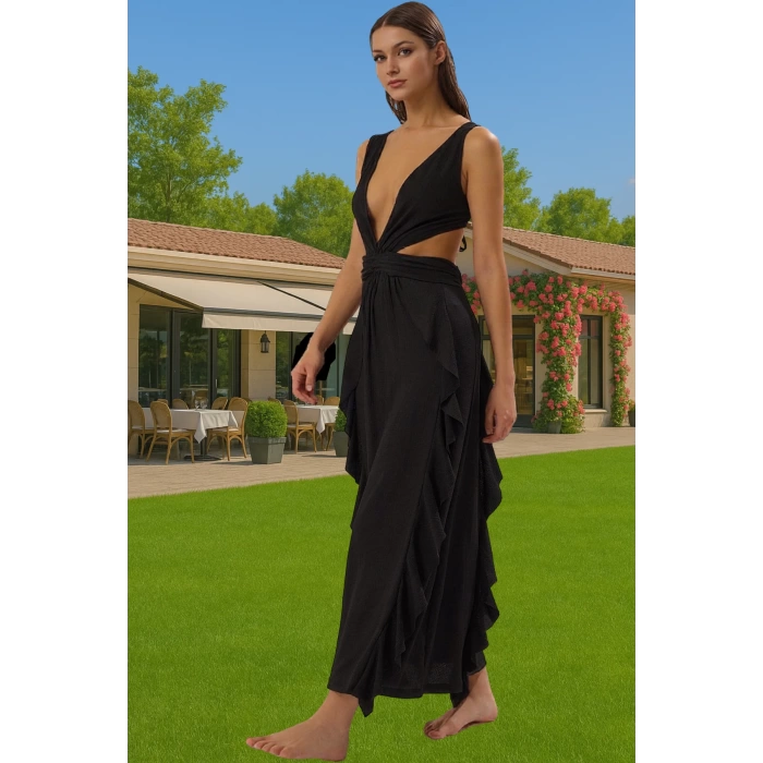 Maxi Örme Cut Out V Yaka Plaj Elbisesi Dokulu Polyester Yazlık Zarifane Tasarım Yüksek Kalite