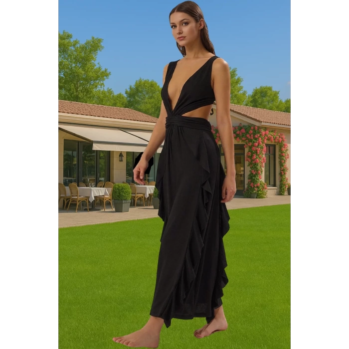 Maxi Örme Cut Out V Yaka Plaj Elbisesi Dokulu Polyester Yazlık Zarifane Tasarım Yüksek Kalite