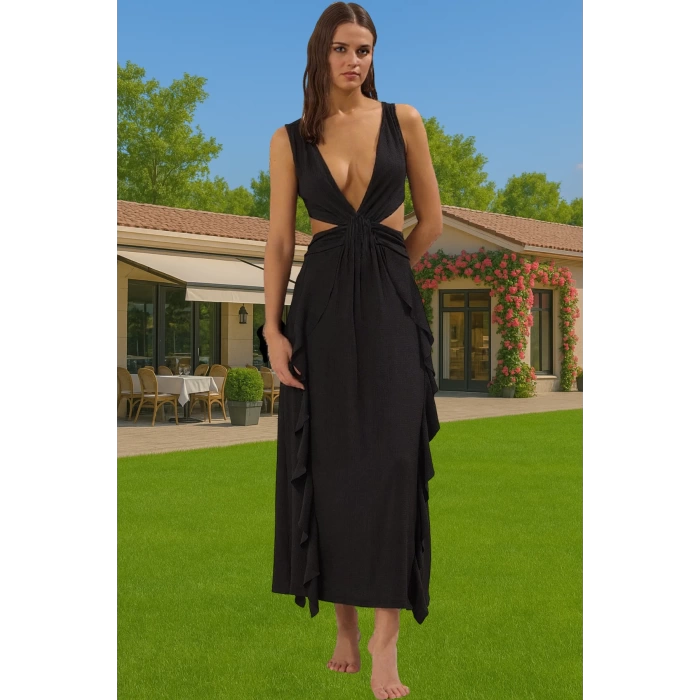 Maxi Örme Cut Out V Yaka Plaj Elbisesi Dokulu Polyester Yazlık Zarifane Tasarım Yüksek Kalite