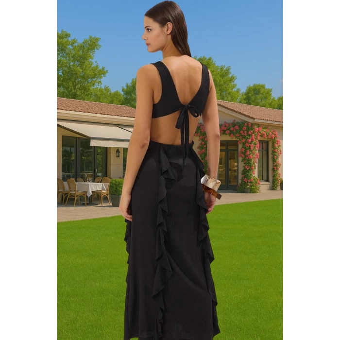 Maxi Örme Cut Out V Yaka Plaj Elbisesi Dokulu Polyester Yazlık Zarifane Tasarım Yüksek Kalite