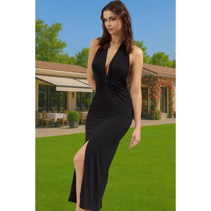 Maxi Örme Plaj Elbisesi V Yaka Bodycon Aksesuarlı Yazlık Şık Görünüm Özenle Seçilmiş Rahat Ve Şık