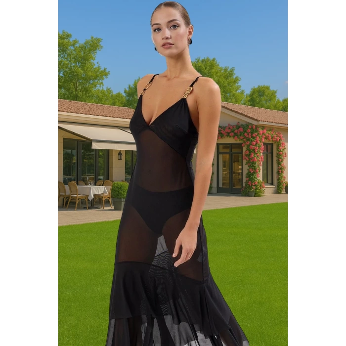 Maxi Örme Volanlı Şeffaf Plaj Elbisesi Polyester Yazlık Mükemmel Uyum Konforlu Kesim Rahat Kullanım