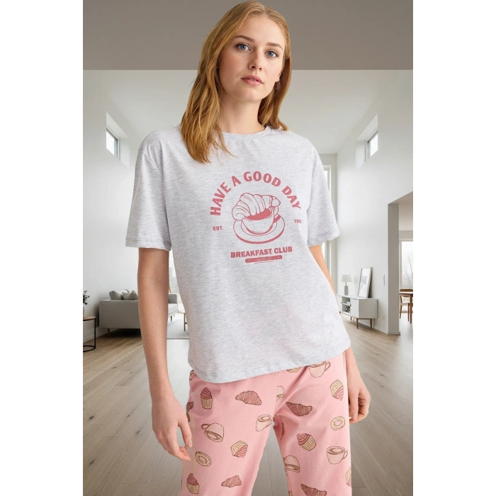 Melanj Baskılı Örme Pijama Takımı Ev Konforu İçin Özenle Seçilmiş Yüksek Kalite Şık Görünüm