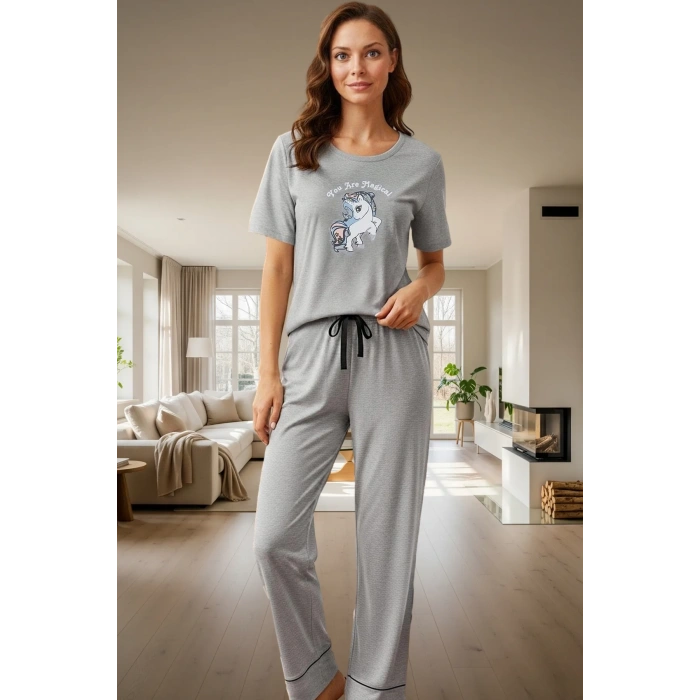 Melanj Örme Pijama Takımı Unicorn Baskı Pamuklu Rahat Seçkin Malzeme Ve Şık