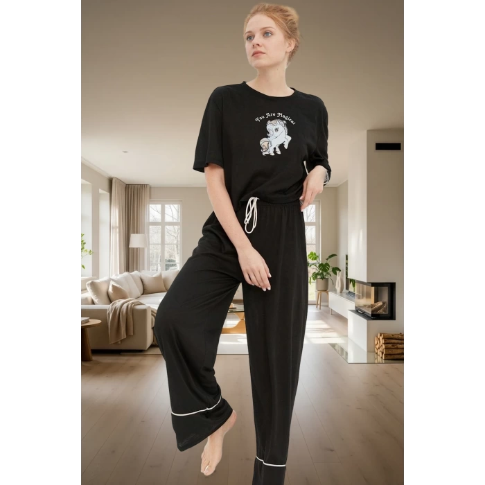 Melanj Örme Pijama Takımı Unicorn Baskı Pamuklu Rahat Seçkin Malzeme Ve Şık