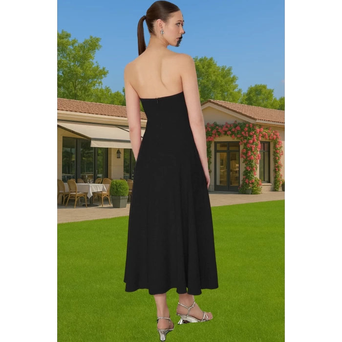 Midi Boy A Kesim Straplez Abiye Elbise Polyester Elastan Dokuma Kumaş Modern Stil Zarifane Tasarım