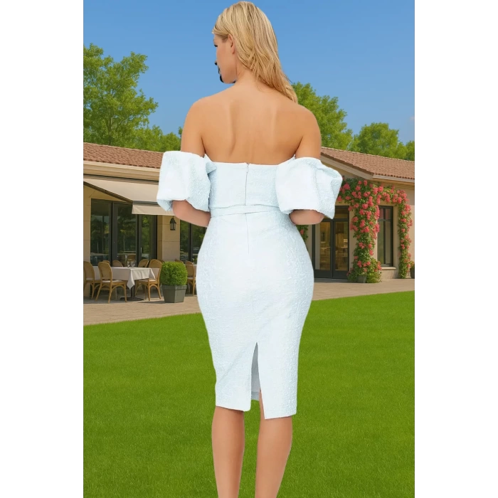 Midi Boy Carmen Yaka Kemerli Abiye Elbise Dokuma Polyester Kumaştan Zarifane Tasarım Trend Tasarım