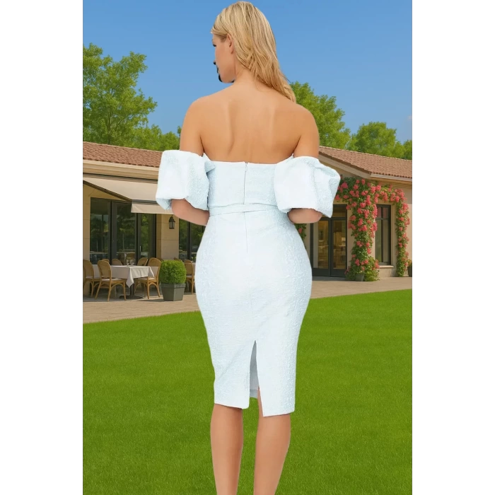 Midi Boy Carmen Yaka Kemerli Abiye Elbise Dokuma Polyester Kumaştan Zarifane Tasarım Trend Tasarım
