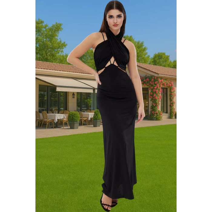 Midi Boy Örme Abiye Elbise Cut Out Detaylı Polyester Yazlık Elbise Özel Tasarım Profesyonel Görünüm
