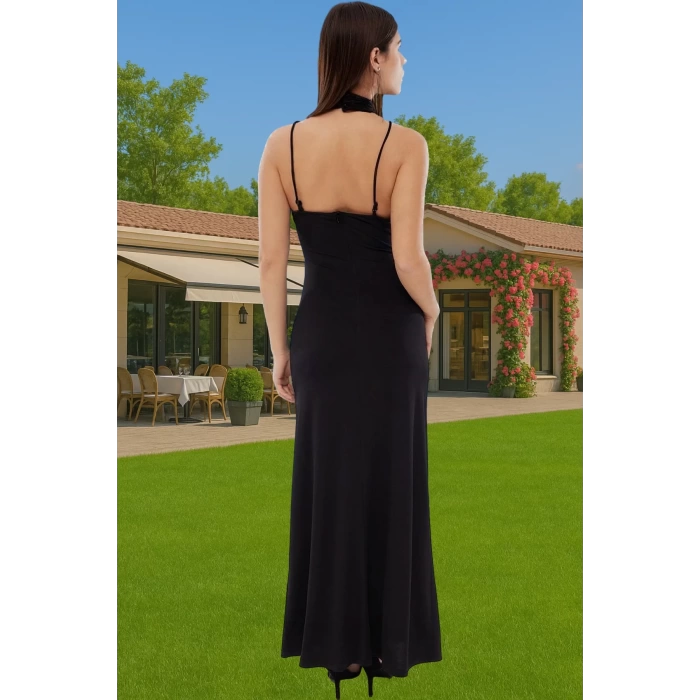 Midi Boy Örme Abiye Elbise Cut Out Detaylı Polyester Yazlık Elbise Özel Tasarım Profesyonel Görünüm