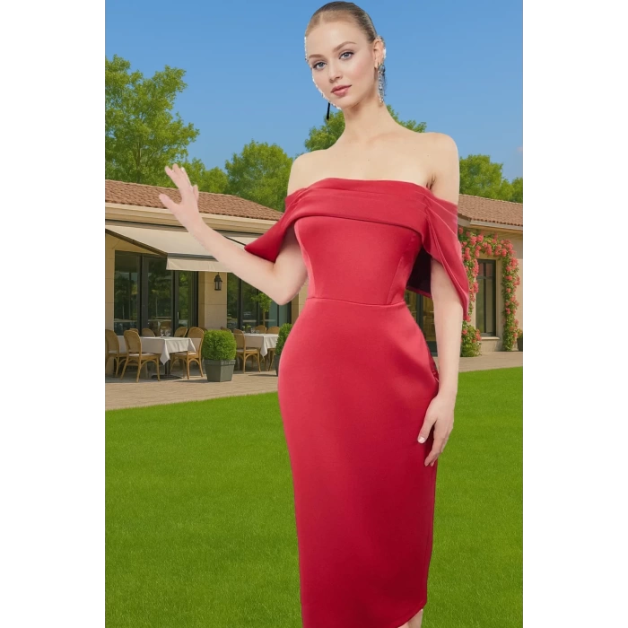 Midi Boy Polyester Abiye Elbise Carmen Yaka Bodycon Kesim Şık ve Rahat Tasarım Profesyonel Görünüm