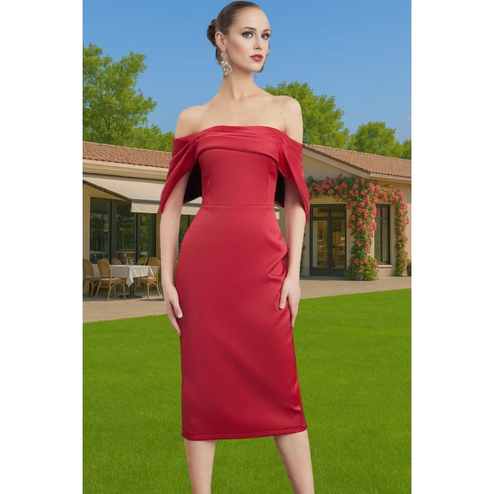 Midi Boy Polyester Abiye Elbise Carmen Yaka Bodycon Kesim Şık ve Rahat Tasarım Profesyonel Görünüm