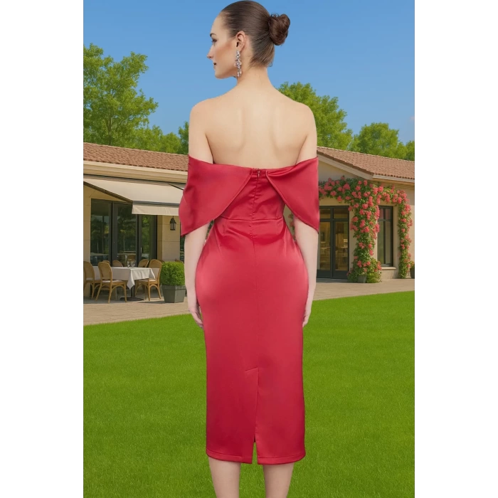 Midi Boy Polyester Abiye Elbise Carmen Yaka Bodycon Kesim Şık ve Rahat Tasarım Profesyonel Görünüm