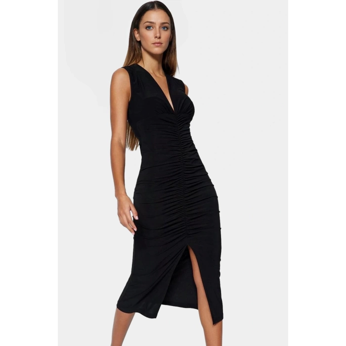 Midi Boy V Yaka Büzgü Detaylı Elbise Esnek Örme Kumaş Bodycon Kalıp 120 cm Uzunluk Premium Kalite